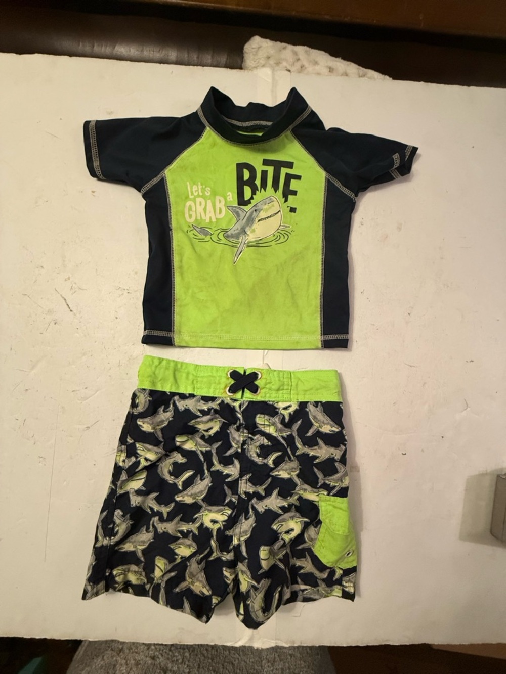 Boys Lime Green and Navy Shark Short Sleeve Rashguard Set